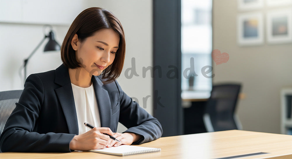 フリー素材 無料 写真|採用向け 日本人ベテラン女性営業が戦略を考える落ち着いたオフィス写真|SNS投稿のアイキャッチ画像向け