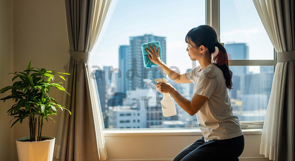 フリー素材 無料 写真｜窓際で窓ガラスを拭き掃除する日本人主婦の大掃除イメージ