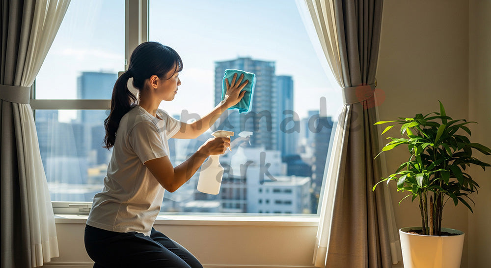 フリー素材 無料 写真｜背景素材窓際で窓ガラスを拭き掃除する日本人主婦の大掃除イメージ 写真背景