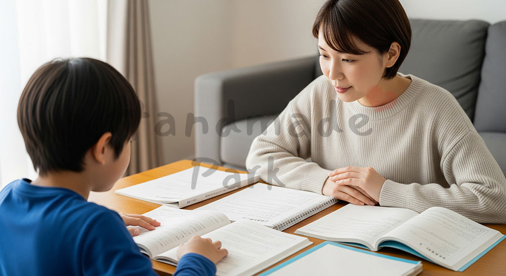 フリー素材 無料 写真｜リビングで子どもの勉強を見守る日本人母親の家庭学習シーン
