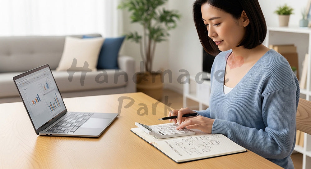 フリー素材 無料 写真｜ノートPCと電卓を使って家計簿をつける日本人主婦の家計管理シーン