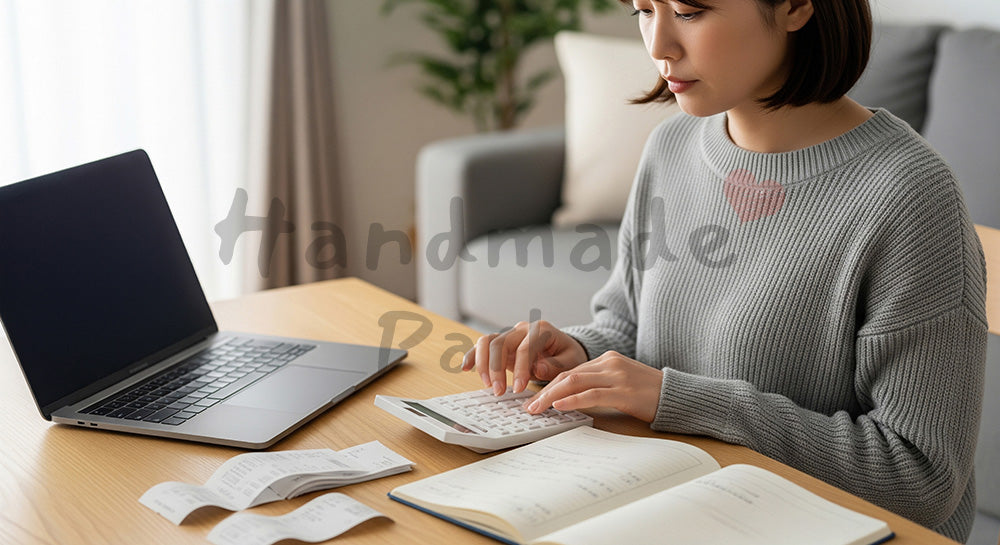 フリー素材 無料 写真｜背景素材ノートPCと電卓を使って家計簿をつける日本人主婦の家計管理シーン 写真背景