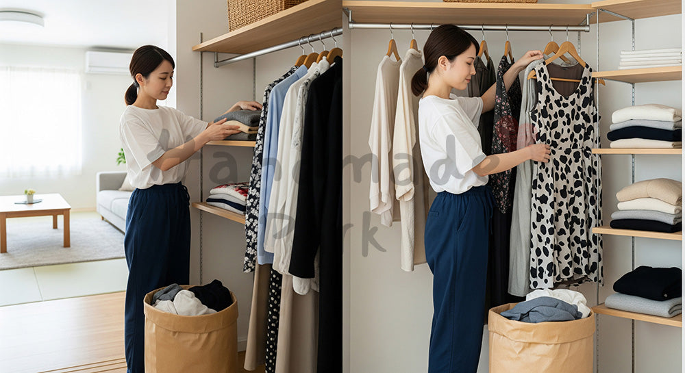 フリー素材 無料 写真｜クローゼットの服を整理整頓する日本人主婦の片づけシーン