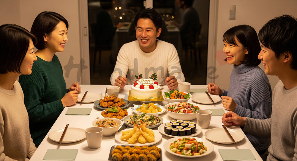 フリー素材 無料 写真｜無地食器で使い勝手のよい温かな団らん、ダイニングでケーキを囲む日本人の家族と友人のクリスマスホームパーティ