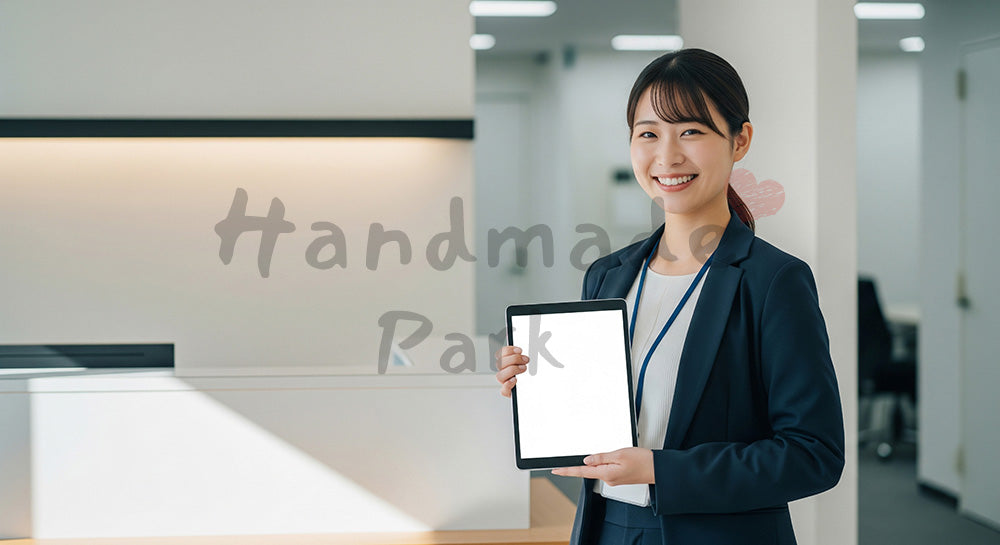 フリー素材 無料 写真｜オフィス受付でタブレットを持つ日本人若手社員、採用サイトや会社案内に使いやすいエントリー誘導シーン 背景素材