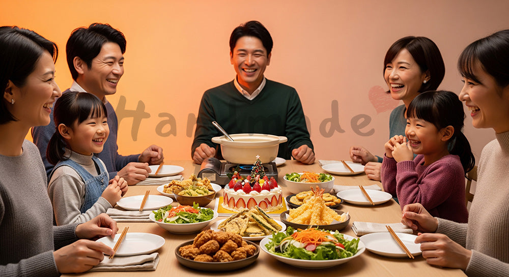 フリー素材 無料 写真｜背景素材ダイニングでケーキを囲む日本人の家族と友人のクリスマスホームパーティ、無地食器で使い勝手のよい温かな団らん 写真背景