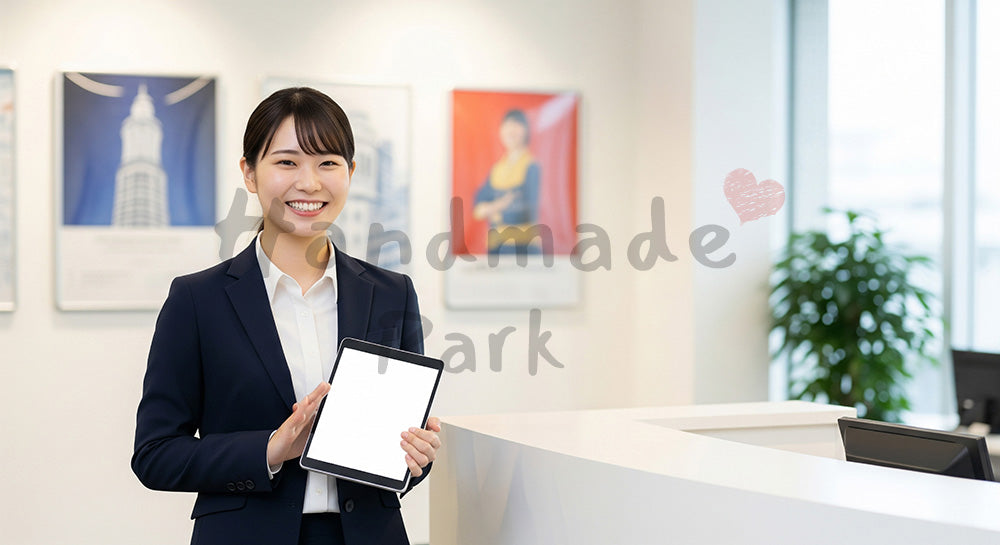 フリー素材 無料 写真｜オフィス受付でタブレットを持つ日本人若手社員、採用サイトや会社案内に使いやすいエントリー誘導シーン