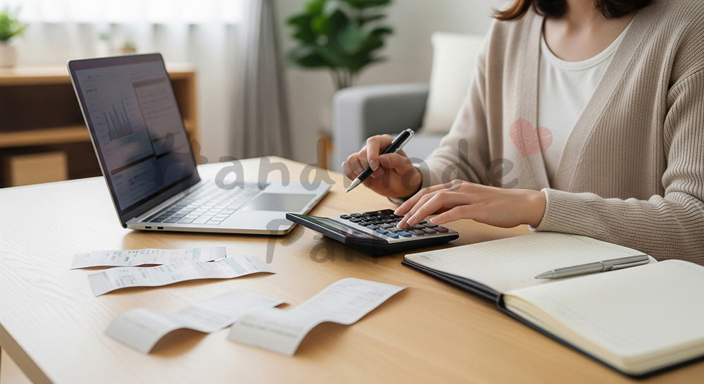 フリー素材 無料 写真｜ノートPCと電卓を使って家計簿をつける日本人主婦の家計管理シーン 背景素材
