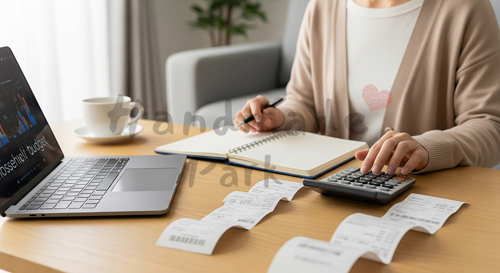 フリー素材 無料 写真｜ノートPCと電卓を使って家計簿をつける日本人主婦の家計管理シーン