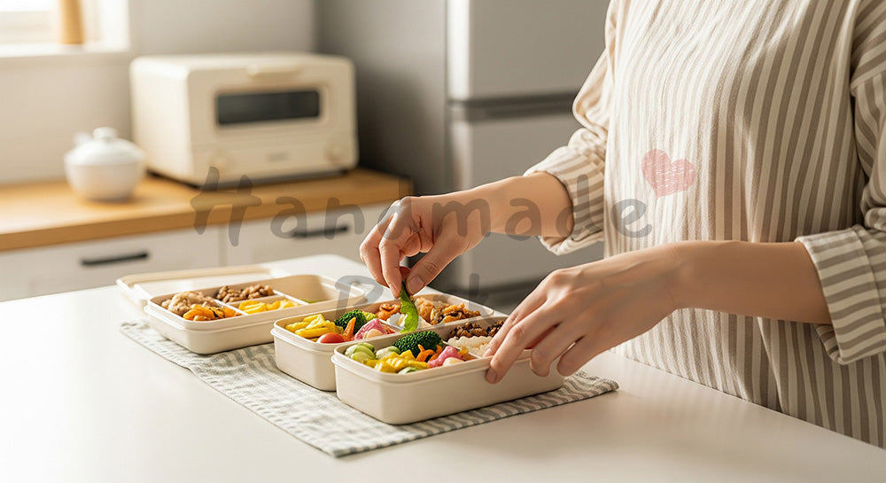 フリー素材 無料 写真｜背景素材朝のキッチンで家族のお弁当を詰める日本人主婦の手元シーン 写真背景