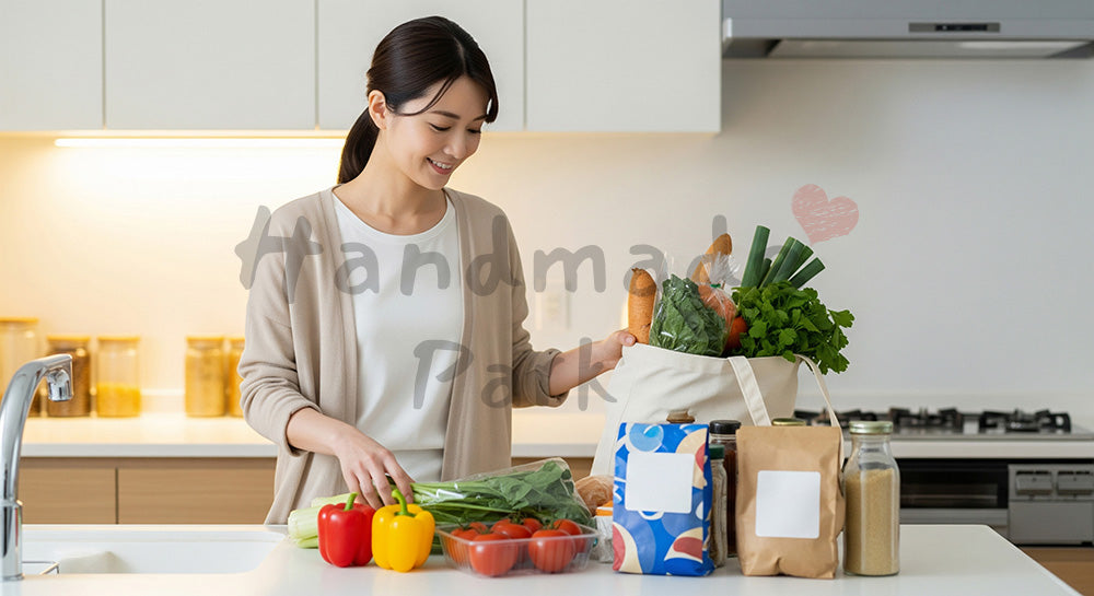 フリー素材 無料 写真｜エコバッグから食材を取り出す日本人主婦の買い物後シーン