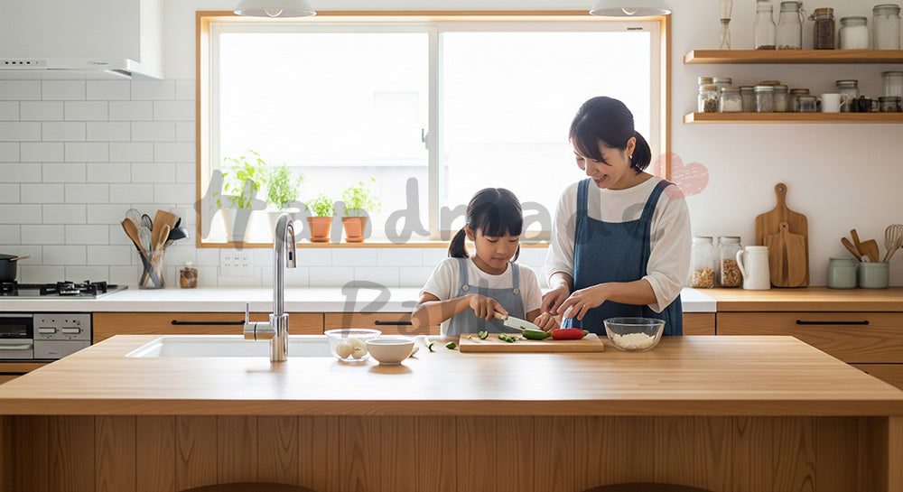 フリー素材 無料 写真｜明度が高い木目キッチンで親子が一緒に簡単料理、家庭の温かさと学びを表現した教育的な体験シーン