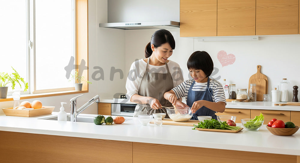 フリー素材 無料 写真｜明るい木目キッチンで親子が一緒に簡単料理家庭の温かさと学びを表現した教育的な体験シーン