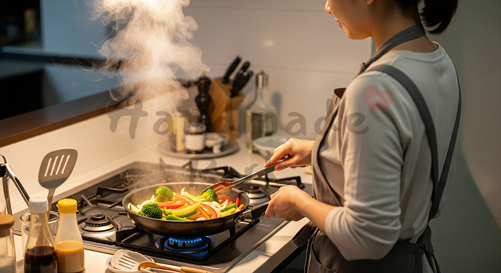 フリー素材 無料 写真｜背景素材キッチンで野菜炒めを調理する日本人主婦の料理シーン 写真背景