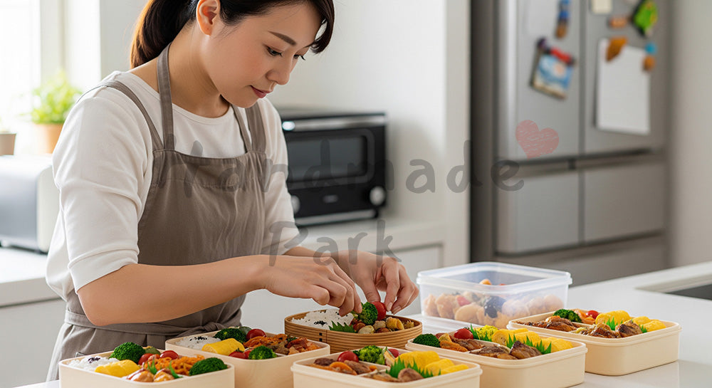 フリー素材 無料 写真｜朝のキッチンで家族のお弁当を詰める日本人主婦の手元シーン 背景素材