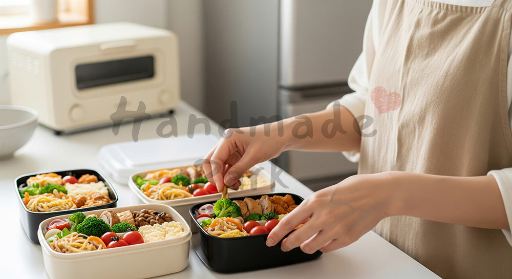 フリー素材 無料 写真｜朝のキッチンで家族のお弁当を詰める日本人主婦の手元シーン