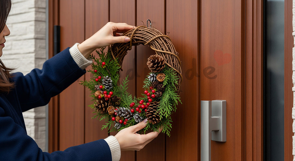 フリー素材 無料 写真｜穏やかな冬の光で季節の到来を告げるシンプルなクリスマス準備、日本の玄関に自然素材風リースを飾る手元