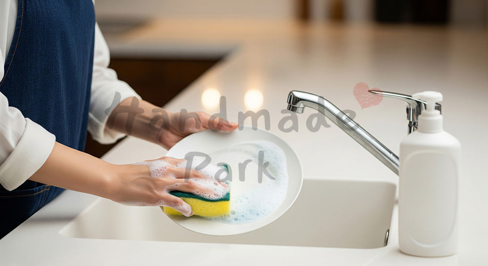 フリー素材 無料 写真｜キッチンシンクで食器を手洗いする日本人主婦の家事の手元クローズアップ