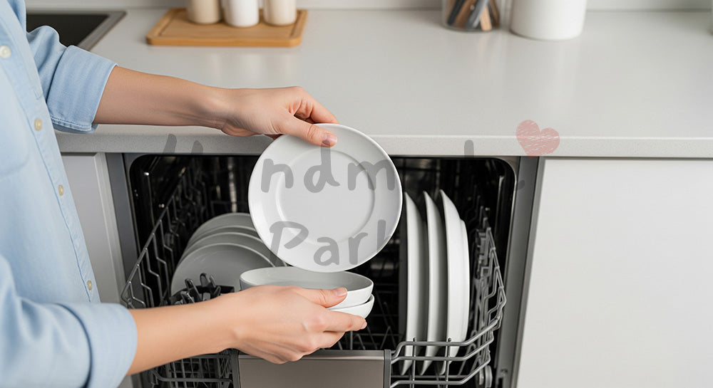 フリー素材 無料 写真｜無地食器とロゴがない家電、食器を食洗機に入れる手元