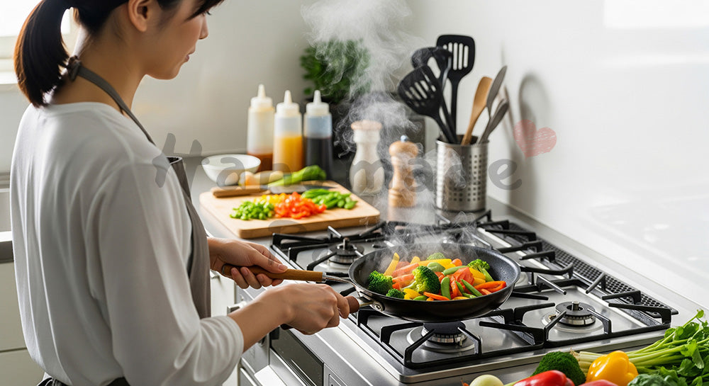 フリー素材 無料 写真｜キッチンで野菜炒めを調理する日本人主婦の料理シーン 背景素材