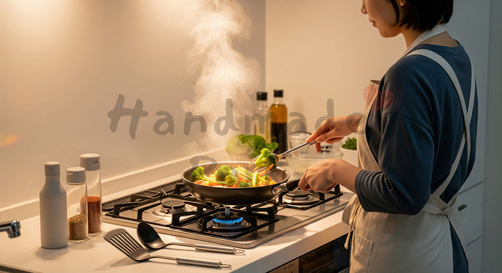 フリー素材 無料 写真｜キッチンで野菜炒めを調理する日本人主婦の料理シーン