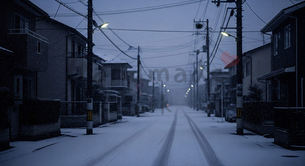 フリー素材 無料 写真｜穏やかな雪が降る日本の住宅街の冬景色低彩度の静けさで季節の情緒を丁寧に切り取った街並み背景
