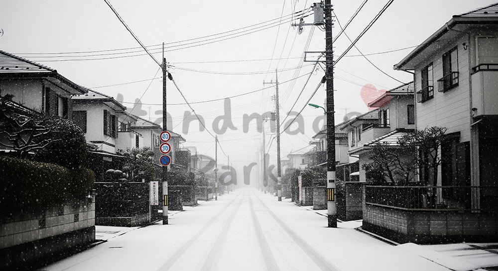 フリー素材 無料 写真｜穏やかな雪が降る日本の住宅街の冬景色、低彩度の静けさで季節の情緒を丁寧に切り取った街並みバックグラウンド