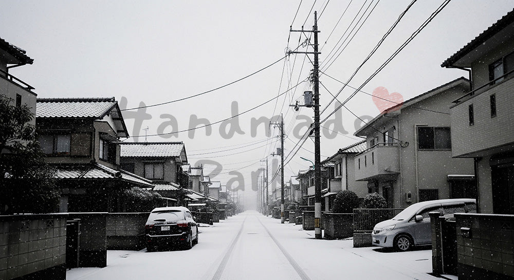 フリー素材 無料 写真｜穏やかな雪が降る日本の住宅街の冬景色、低彩度の静けさで季節の情緒を丁寧に切り取った街並み背景