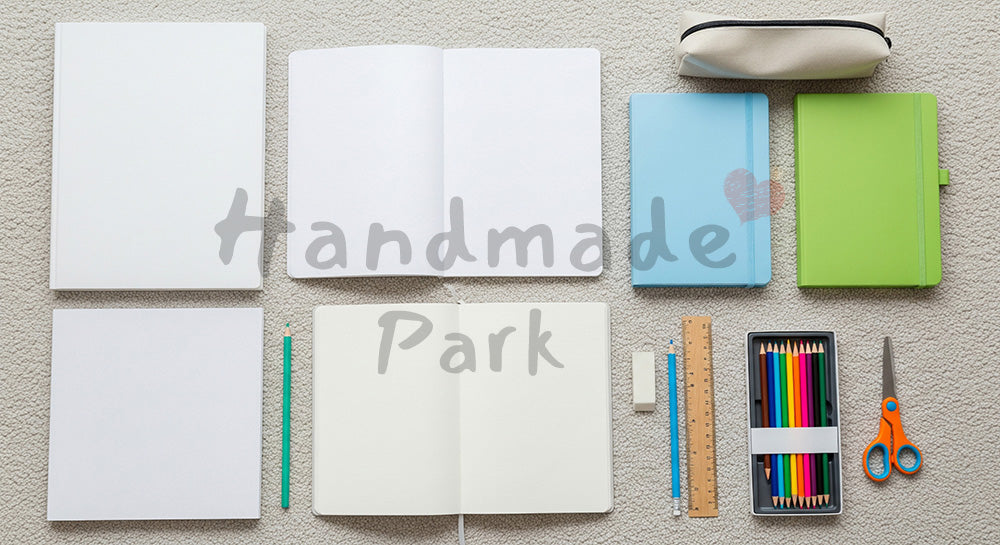 フリー素材 無料 写真｜入学準備の教科書と文具（無地）を並べた上面フラットレイ 背景素材