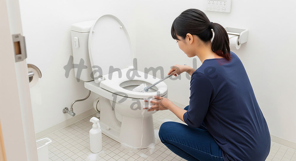 フリー素材 無料 写真｜清潔なトイレで便器をブラシ掃除する日本人主婦の水回り掃除シーン