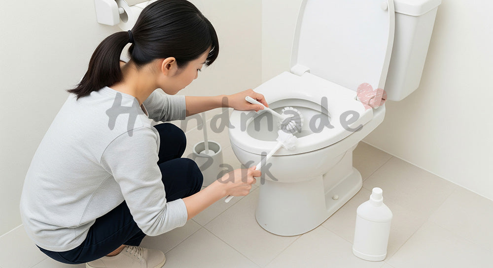 フリー素材 無料 写真｜背景素材清潔なトイレで便器をブラシ掃除する日本人主婦の水回り掃除シーン 写真背景