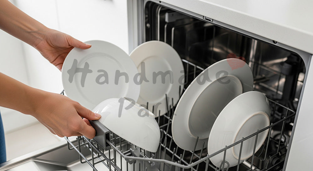 フリー素材 無料 写真｜食器を食洗機に入れる手元、無地食器とロゴがない家電 背景素材