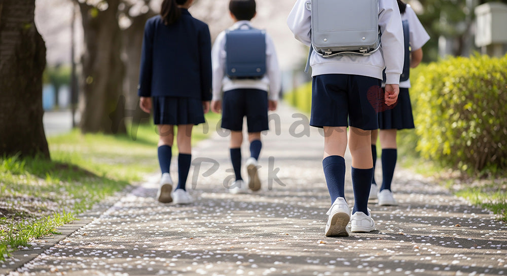 フリー素材 無料 写真｜児童の足元カットと無地ランドセル、桜並木の通学路