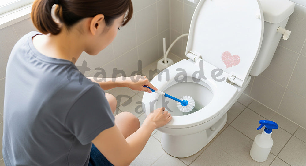 フリー素材 無料 写真｜清潔なトイレで便器をブラシ掃除する日本人主婦の水回り掃除シーン 背景素材
