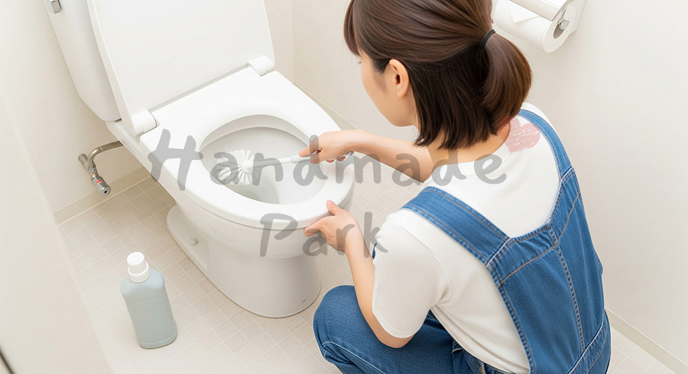 フリー素材 無料 写真｜清潔なトイレで便器をブラシ掃除する日本人主婦の水回り掃除シーン