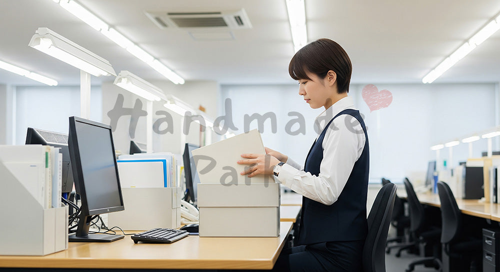 フリー素材 無料 写真｜年末にデスクを整理する日本人社員の一般的オフィス風景、無地資料で情報漏えいに配慮したクリアな冬の仕事納め 背景素材