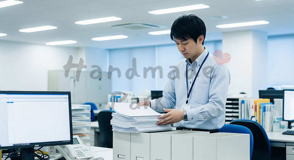 フリー素材 無料 写真｜年末にデスクを整理する日本人社員の一般的オフィス風景無地資料で情報漏えいに配慮したクリアな冬の仕事納め