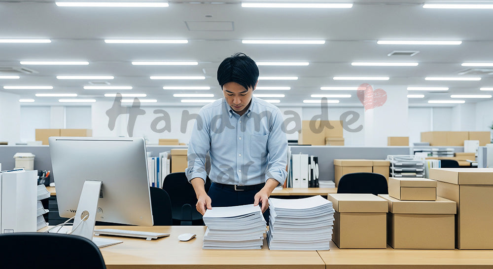 フリー素材 無料 写真｜無地資料で情報漏えいに配慮したクリアな冬の仕事納めのある年末にデスクを整理する日本人社員の一般的オフィス風景