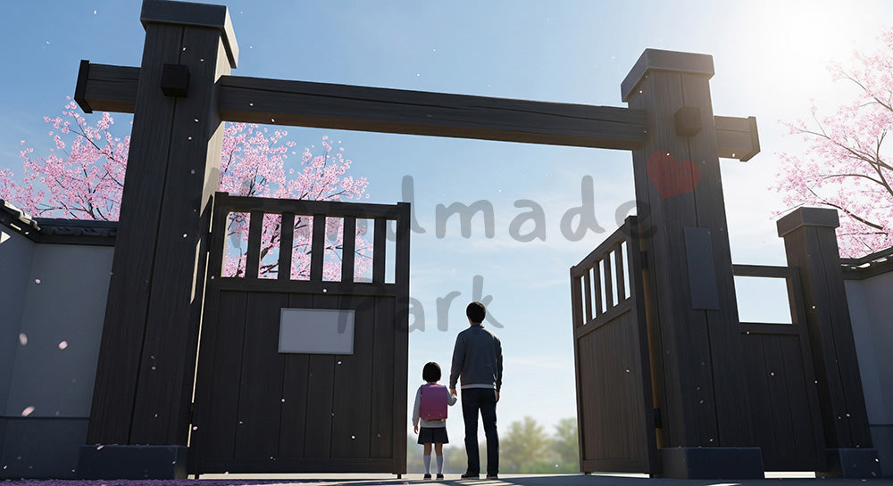 フリー素材 無料 写真｜背景素材ぼかし看板と桜、一般化した学校ゲートと親子の後ろ姿