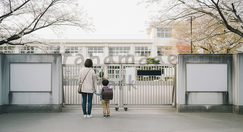 フリー素材 無料 写真｜一般化した学校ゲートと親子の後ろ姿、ぼかし看板と桜