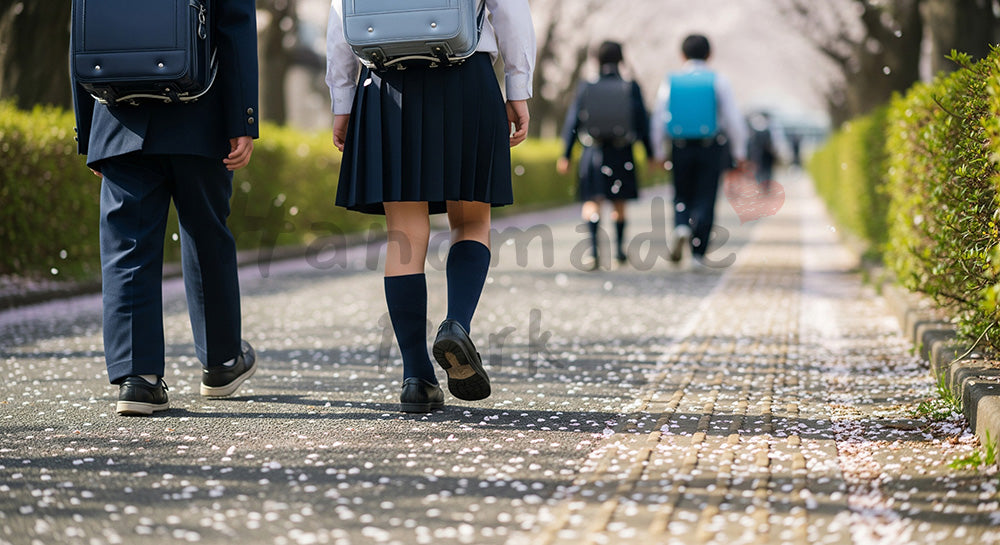フリー素材 無料 写真｜桜並木の通学路、児童の足元カットと無地ランドセル