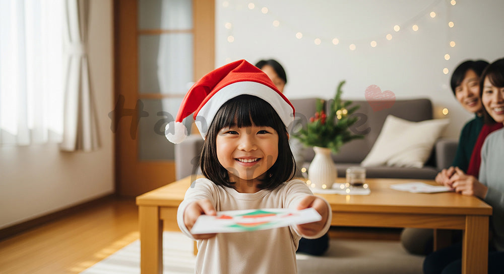 フリー素材 無料 写真｜背景素材サンタ帽をかぶった日本人の子どもと家族の微笑ましいひととき、控えめな飾りで素朴に切り取る冬の記念シーン 写真背景