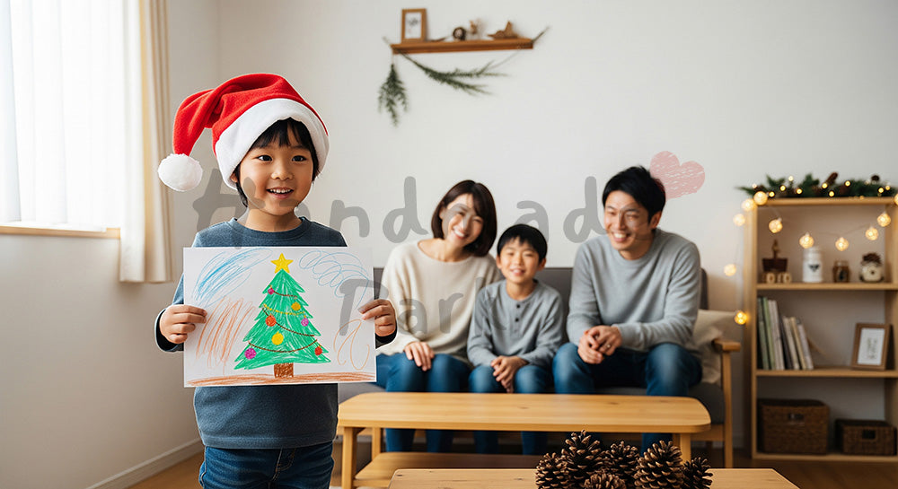 フリー素材 無料 写真｜サンタ帽をかぶった日本人の子どもと家族の微笑ましいひととき、控えめな飾りで素朴に切り取る冬の記念シーン 背景素材