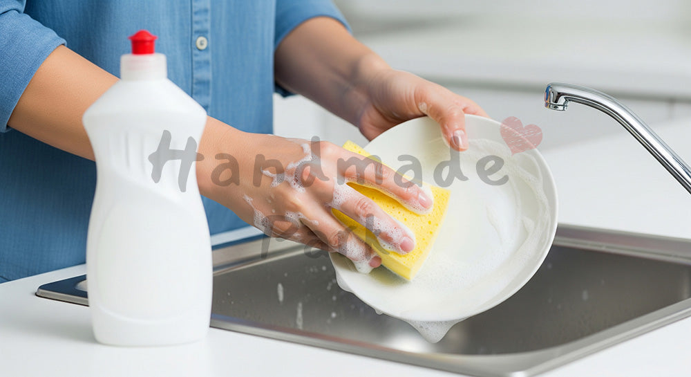 フリー素材 無料 写真｜シンクで食器をスポンジ手洗いする日本人主婦の手元、無地食器で汎用性の高い洗い物シーン 背景素材