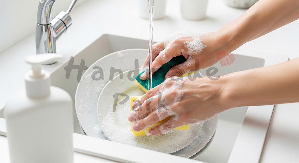 フリー素材 無料 写真｜シンクで食器をスポンジ手洗いする日本人主婦の手元無地食器で汎用性の高い洗い物シーン