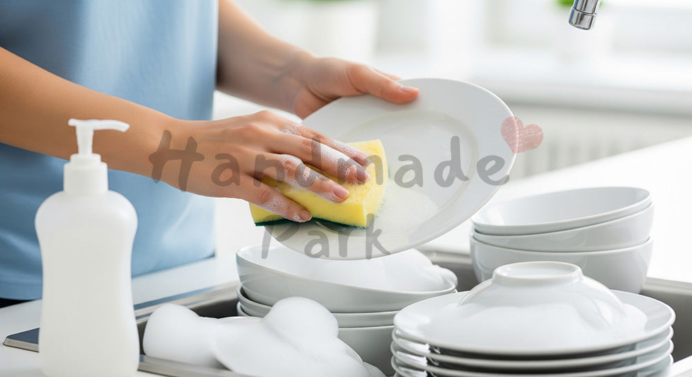 フリー素材 無料 写真｜無地食器で汎用性の高い洗い物シーンのあるシンクで食器をスポンジ手洗いする日本人主婦の手元