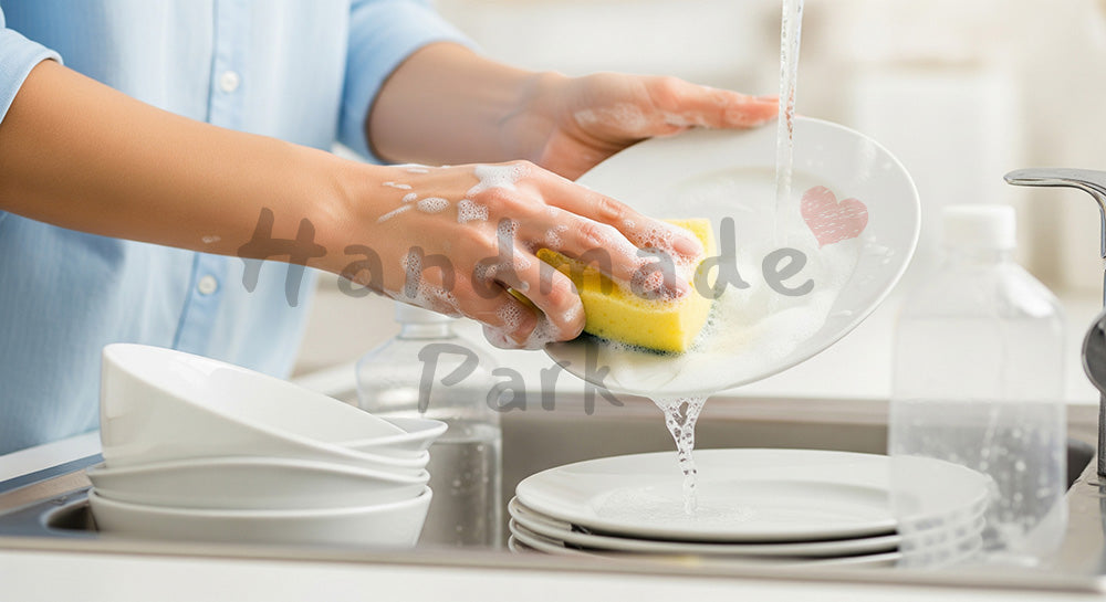 フリー素材 無料 写真｜シンクで食器をスポンジ手洗いする日本人主婦の手元、無地食器で汎用性の高い洗い物シーン