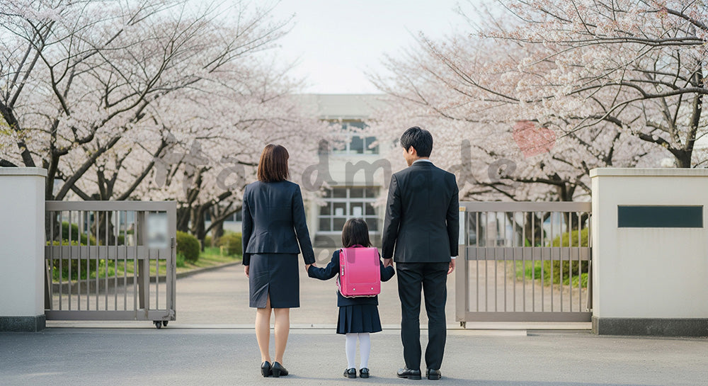 フリー素材 無料 写真｜ぼかし看板と桜、一般化した学校ゲートと親子の後ろ姿
