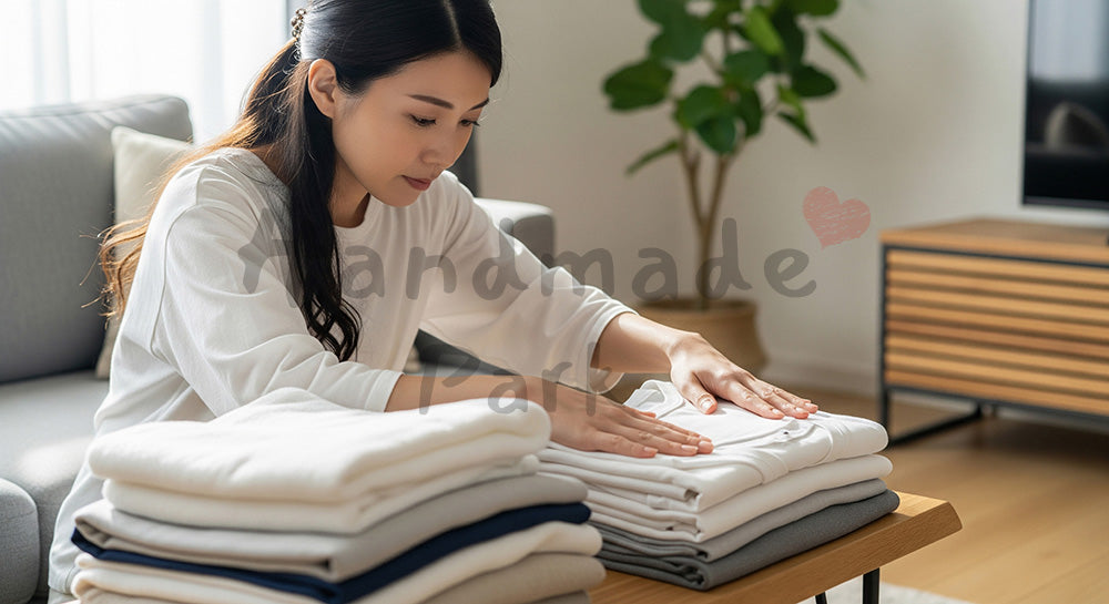 フリー素材 無料 写真｜背景素材リビングで洗濯物を丁寧にたたむ日本人主婦の暮らしのワンシーン 写真背景