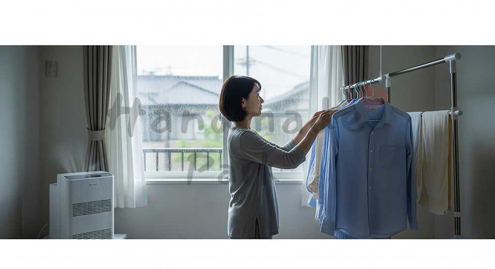 フリー素材 無料 写真｜雨の日に室内干しをする日本人主婦の洗濯シーン 背景素材